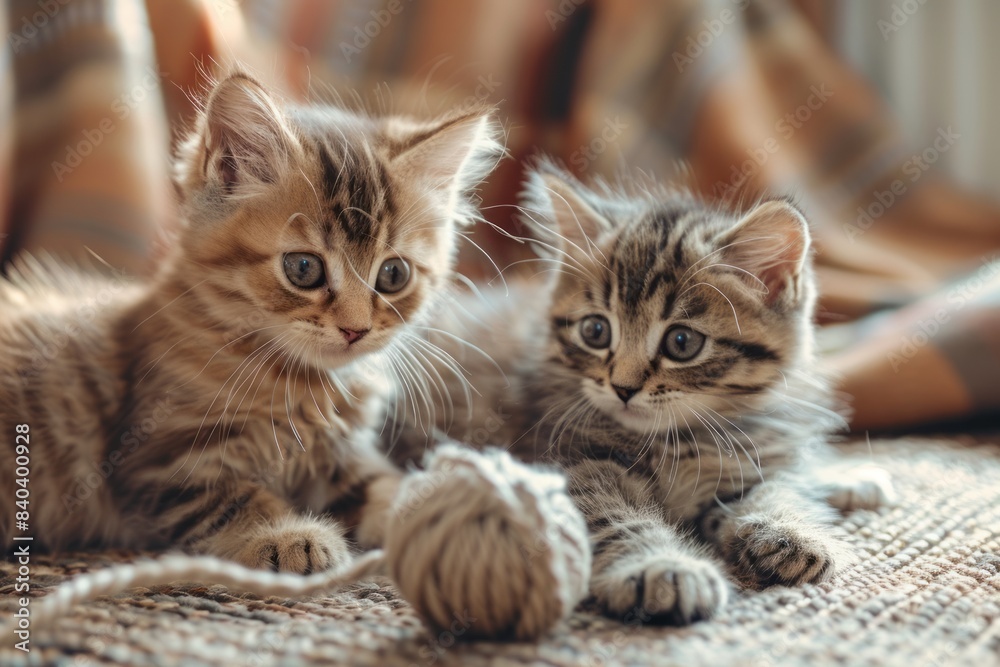 Two playful kittens with soft, fluffy fur, playing with a ball of yarn in a cozy living room, natural light
Two playful kittens with soft, fluffy fur, playing with a ball of yarn in a cozy living room, natural light
