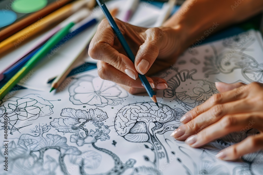 Close up of human hands drawing neurographic art. Mental health, fine motor skills of adults, creativity, psychology.