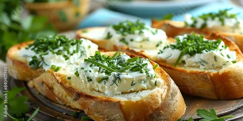 Baguette slices topped with cream cheese, chives, and parsley on a wooden board. Concept Food Styling, Baguette Appetizer, Cream Cheese Toppings, Rustic Presentation, Garnished Slices