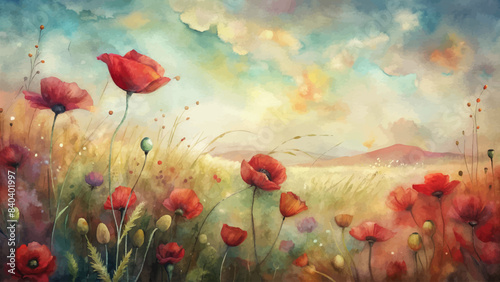 Poppy flower watercolor rustic background © Fauzi Arts