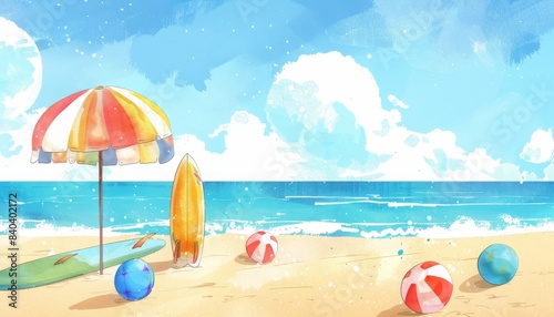 Wallpaper Mural Colorful beach scene with umbrella, surfboard, and balls under a sunny sky, perfect for summer vacation and coastal relaxation themes. Torontodigital.ca