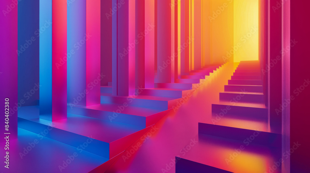 Abstract corridor with pillars in vibrant pink, purple, blue, and yellow tones creating a light gradient Abstract corridor with pillars in vibrant pink, purple, blue, and yellow tones creating a light gradient