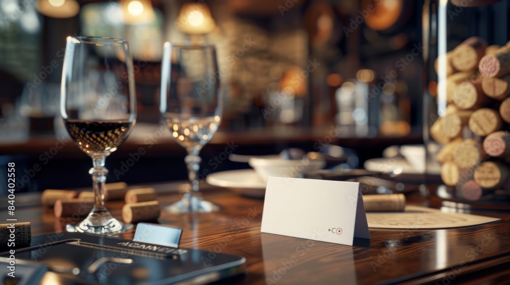 Obraz premium Wine Tasting Essentials Vintage Corks Glasses and Business Cards on a Sommelier's Desk