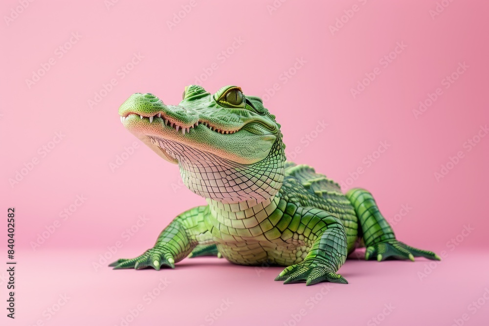 A small plastic alligator sitting on a bright pink background, suitable for illustration or design use