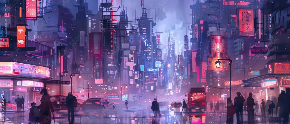 Futuristic cityscape with neon lights, busy streets, and towering buildings at night, featuring a cyberpunk aesthetic and bustling urban scene. Futuristic cityscape with neon lights, busy streets, and towering buildings at night, featuring a cyberpunk aesthetic and bustling urban scene.