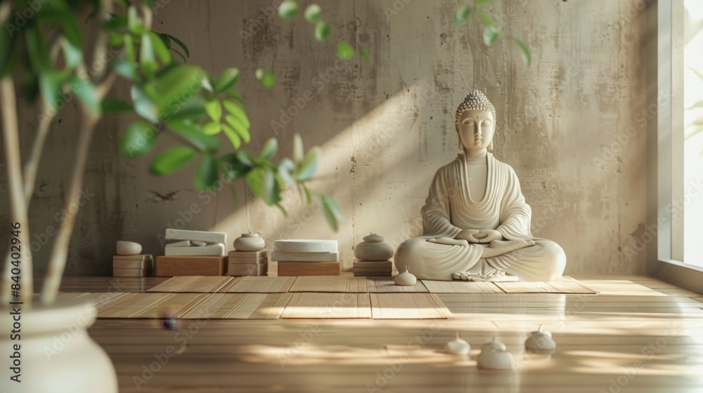 Tranquil Yoga Studio Serene Reception with Bamboo Mats Business Cards and Buddha Statue Tranquil Yoga Studio Serene Reception with Bamboo Mats Business Cards and Buddha Statue
