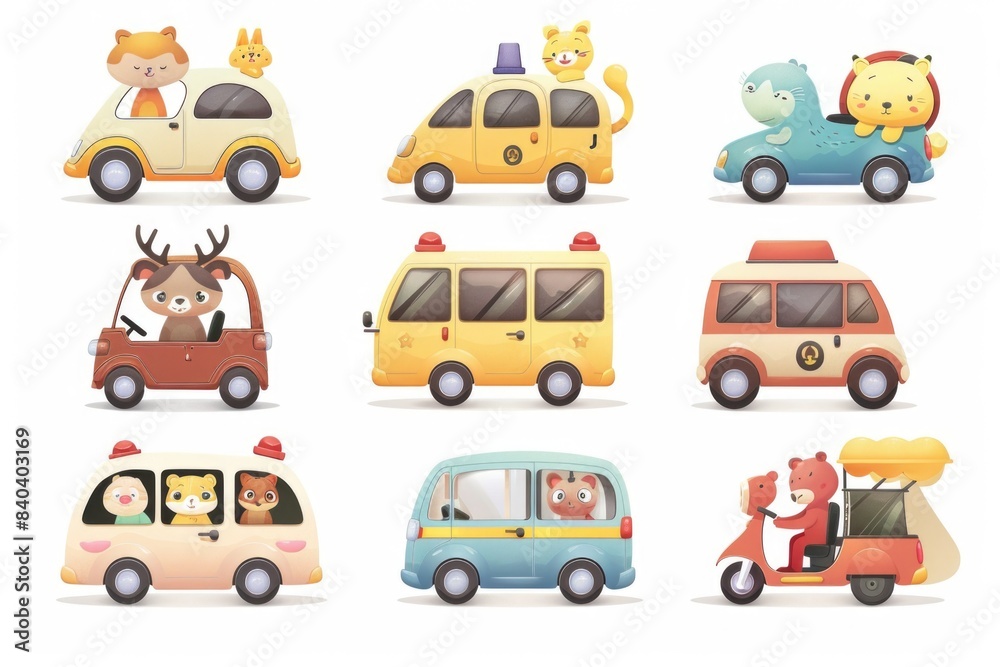Fototapeta premium Colorful cartoon illustrations of various vehicles with different types of animals inside