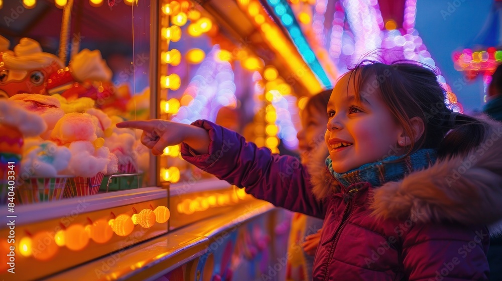 Little girl in winter clothes pointing at colorful stuffed animals at a carnival booth illuminated by bright, warm lights during the evening. Little girl in winter clothes pointing at colorful stuffed animals at a carnival booth illuminated by bright, warm lights during the evening.