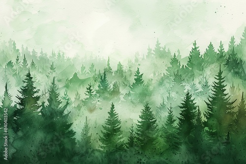 Serene watercolor painting of a foggy pine forest  capturing the mystical beauty and tranquility of nature in lush green tones.