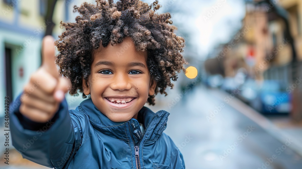 Close up portrait of a child showing a thumbs up gesture, symbolizing positivity and joy