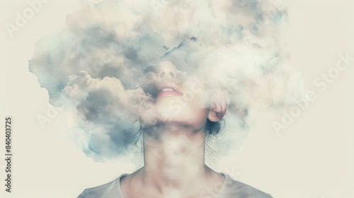 Surreal artwork of a person with their head enveloped by clouds  representing imagination  dreams  or mental fog. Conceptual and abstract art.