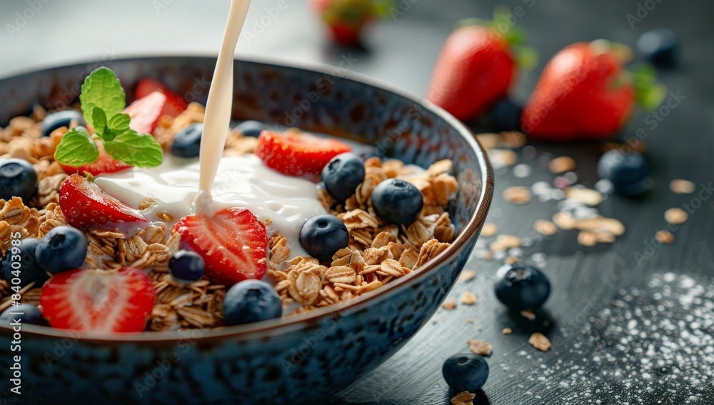 A bowl of fruit breakfast cereal, brewed with milk, healthy green diet concept. Dark background. nutrition and health. A bowl of fruit breakfast cereal, brewed with milk, healthy green diet concept. Dark background. nutrition and health.
