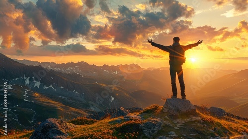 A delighted traveler finds solace in the beauty of a mountain sunset, with arms outstretched in gratitude, surrounded by the grandeur of nature and offering ample copy space for text or branding.