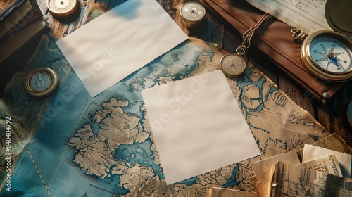 Explore Your Next Adventure Blank Business Cards Topographic Maps and Compass on a Guide's Map Table