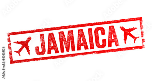 Jamaica - is an island country in the Caribbean Sea and the West Indies, text emblem stamp with airplane