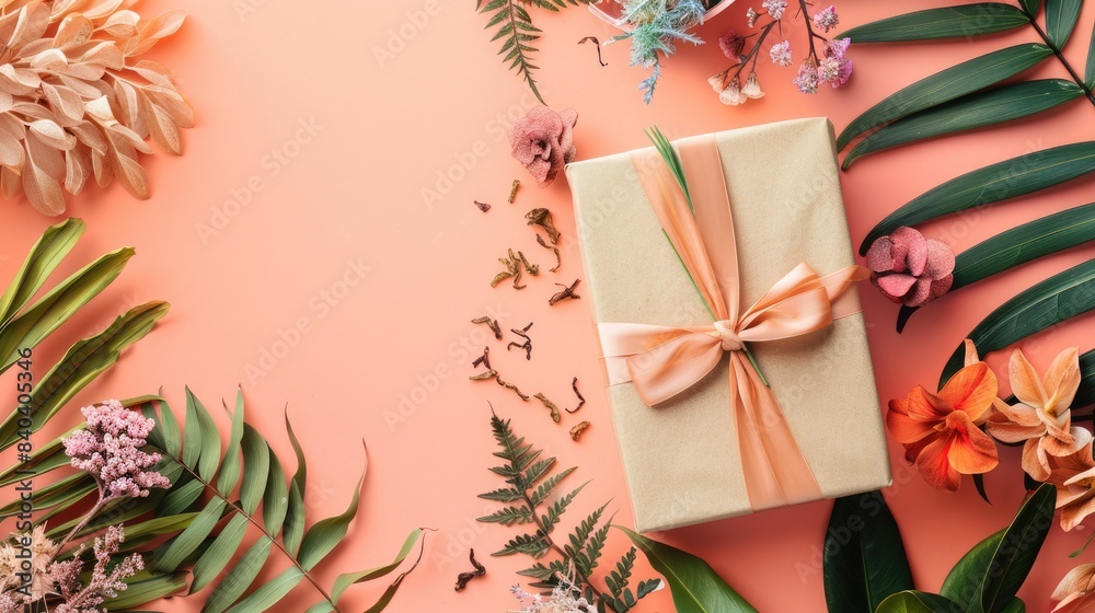 A gift box with a decorative ribbon bow, set on a flat lay solid color background with dried flowers and tropical leaves, featuring ample area for copy A gift box with a decorative ribbon bow, set on a flat lay solid color background with dried flowers and tropical leaves, featuring ample area for copy