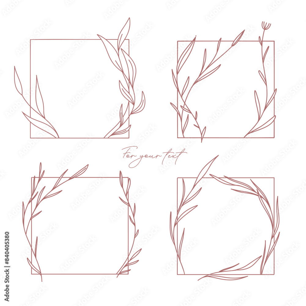 Fototapeta premium Set of Four Minimalist Hand-Drawn Square Floral Frames With Leaf Designs. Line Art style vector backgrounds for wedding invitations, greeting cards, social media stories elements for logo 