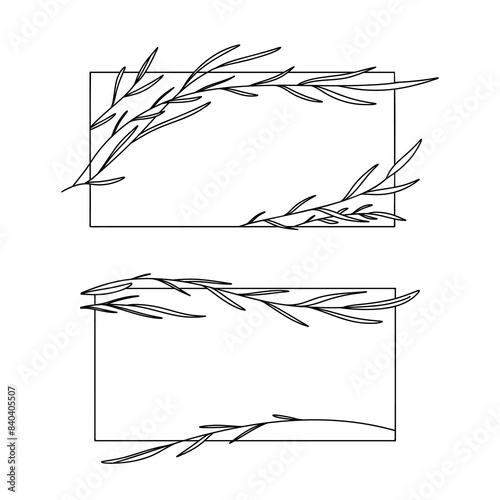 Minimalistic elegant Rectangul frames with hand-drawn floral leaves elements. Design templates in line art style, backgrounds for wedding isolated set for wedding invitation, card, logo design photo