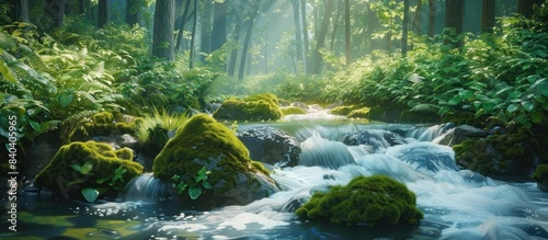 A calming and tranquil forest scene with a serene stream flowing gently over moss covered rocks surrounded by tall trees and lush vegetation  The soft