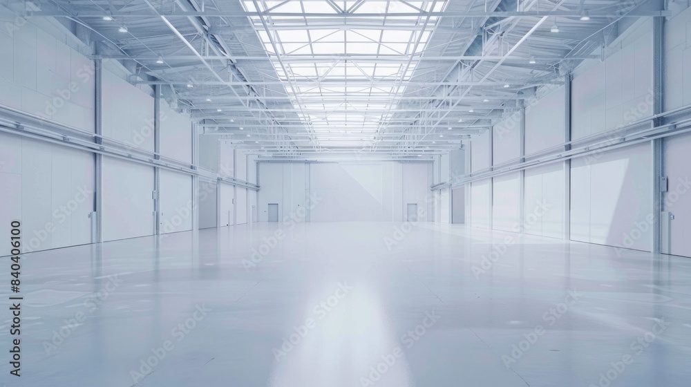 Pristine white warehouse with an open, empty interior and a clean white background, suitable for industrial applications Pristine white warehouse with an open, empty interior and a clean white background, suitable for industrial applications