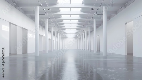 Pristine white warehouse with an open  empty interior and a clean white background  suitable for industrial applications