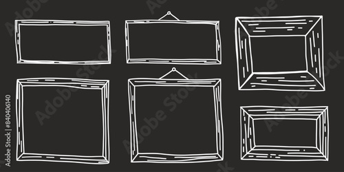Wooden picture frame hand drawn doodle in vector. Copy space engraved border blank photo label hanging on the wall set collection bundle.