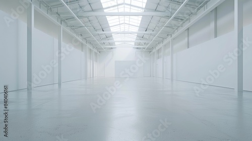 Pristine white warehouse with an open, empty interior and a clean white background, suitable for industrial applications © kitipol