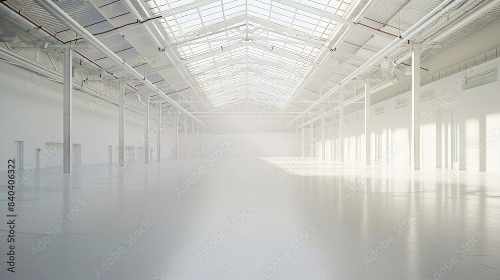 Pristine white warehouse with an open, empty interior and a clean white background, suitable for industrial applications Pristine white warehouse with an open, empty interior and a clean white background, suitable for industrial applications