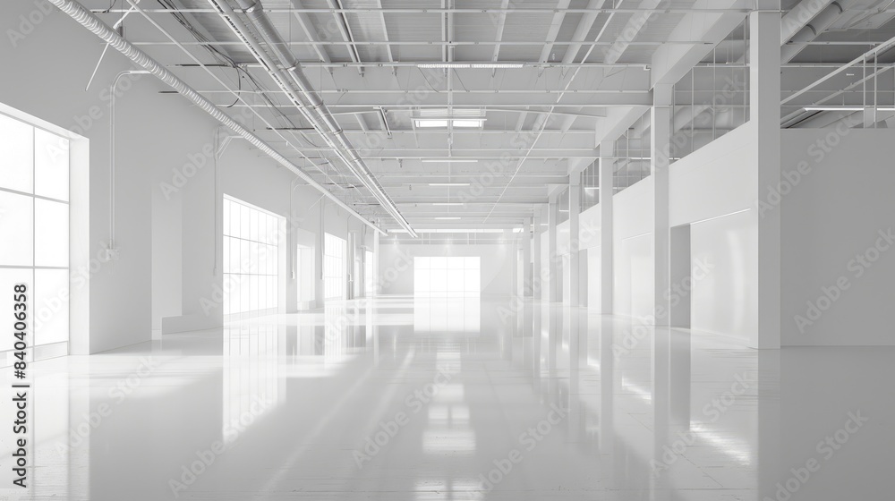 Pristine white warehouse with an open, empty interior and a clean white background, suitable for industrial applications Pristine white warehouse with an open, empty interior and a clean white background, suitable for industrial applications