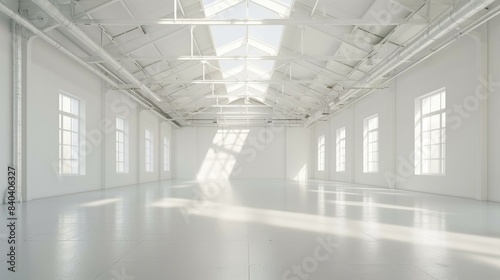 Pristine white warehouse with an open  empty interior and a clean white background  suitable for industrial applications