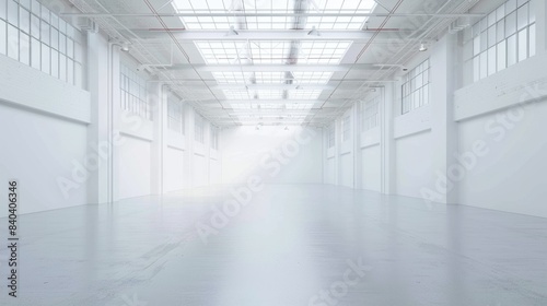Pristine white warehouse with an open, empty interior and a clean white background, suitable for industrial applications