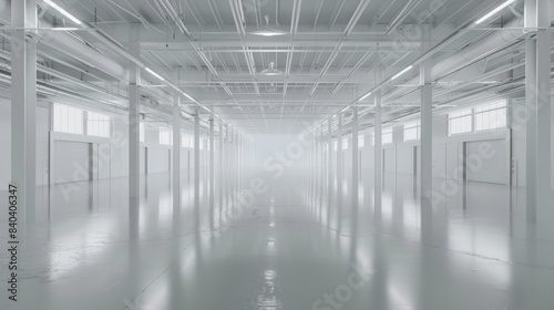 Pristine white warehouse with an open  empty interior and a clean white background  suitable for industrial applications