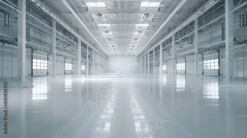 Pristine white warehouse with an open  empty interior and a clean white background  suitable for industrial applications