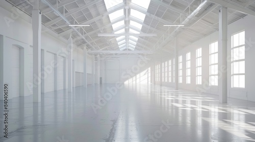 Pristine white warehouse with an open  empty interior and a clean white background  suitable for industrial applications