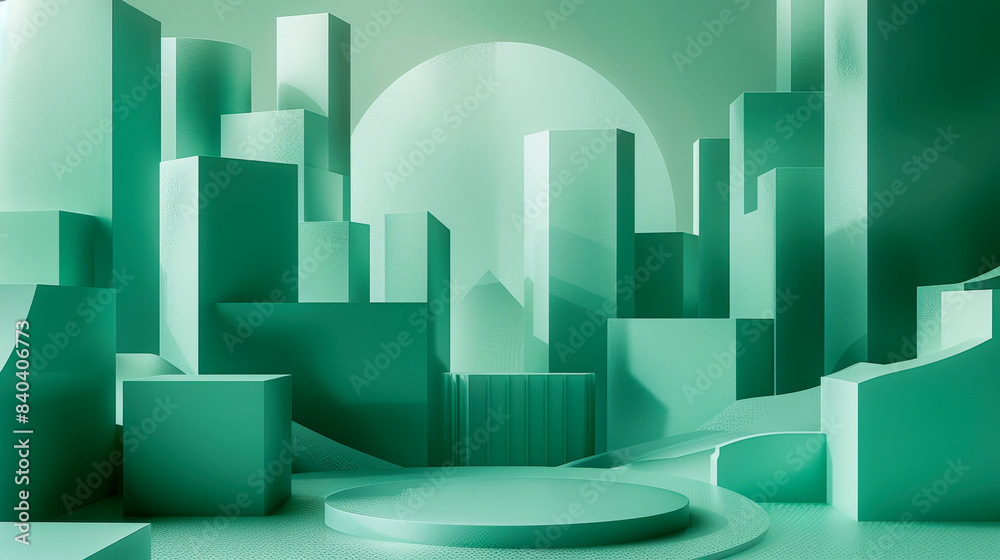 Futuristic cityscape with green geometric shapes and spheres creating a modern abstract scene Futuristic cityscape with green geometric shapes and spheres creating a modern abstract scene
