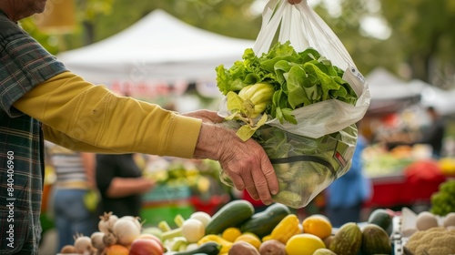 Close-up of a person buying fresh vegetables at a bustling farmer's market. The vibrant colors of the produce and the lively atmosphere capture the essence of community and healthy living. 