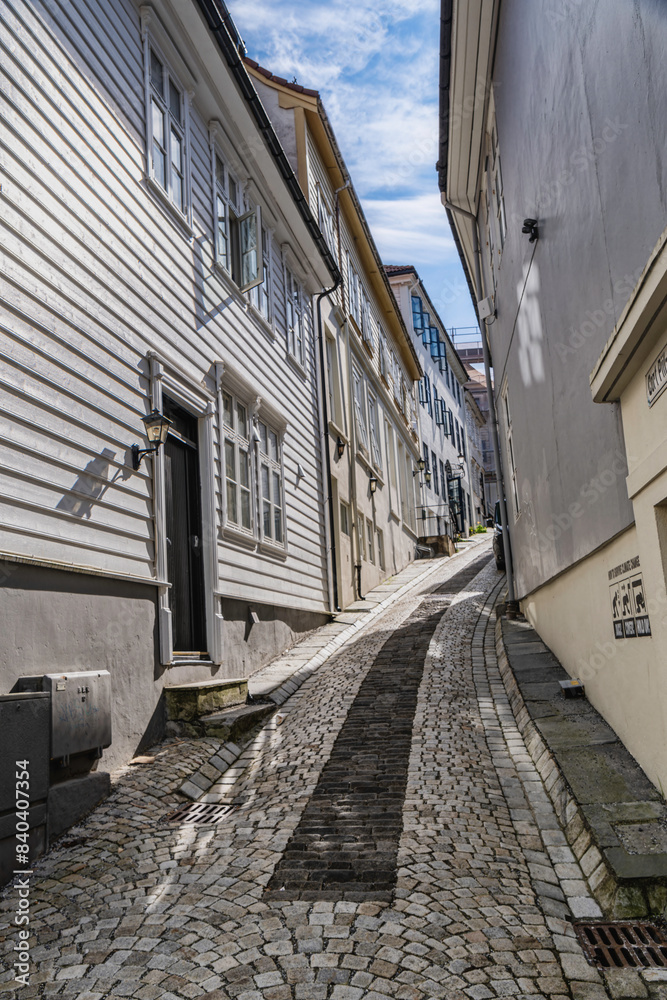 Streets with traditional homes in Bergen Norway