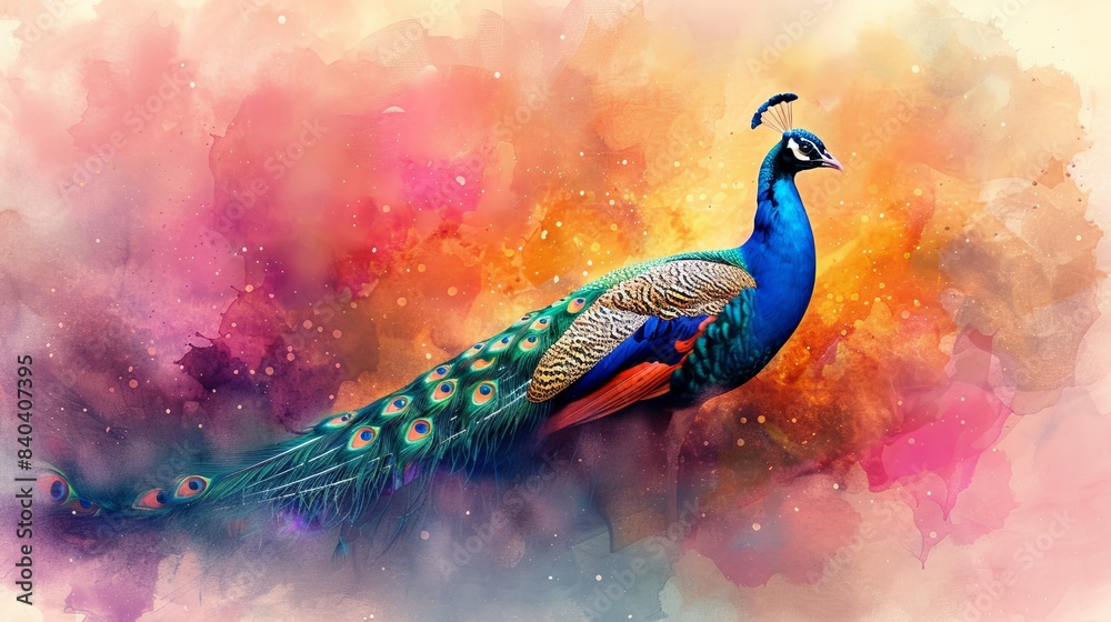 watercolor A majestic peacock stands tall, its vibrant feathers shimmering in the sunlight watercolor A majestic peacock stands tall, its vibrant feathers shimmering in the sunlight