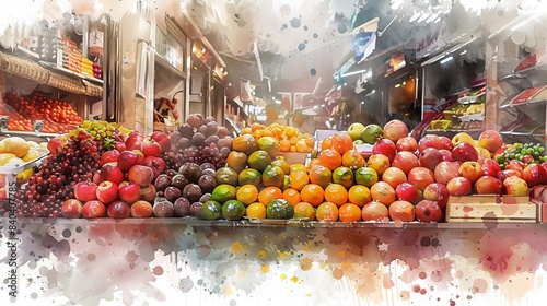 watercolor A variety of fresh fruits are on display at a market.