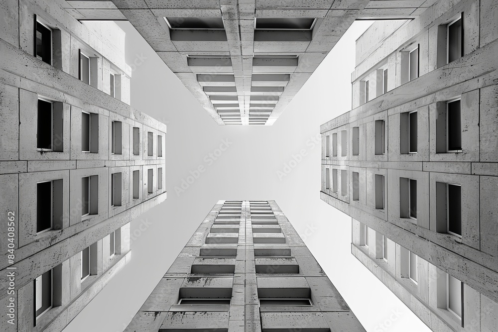 Obraz premium Looking up view of symmetrical high-rise buildings with repetitive window patterns, creating a geometric and modern architectural scene. 