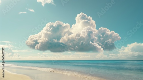 A tranquil beach scene with clouds made of virtual wallets embodying the convenience and ease of storing your crypto assets in the cloud. photo