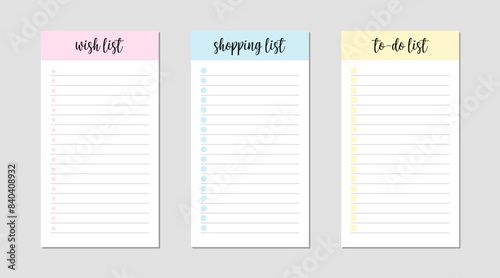 A set of three lists designed for efficient organization and planning, featuring a wish list, shopping list, and todo list. each list has a unique pastel color header and icons to visually distinguish
