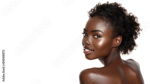 Afro smile woman with healthy facial skin for skincare cosmetic advertise