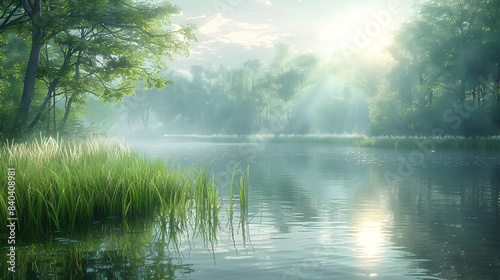 A serene nature marsh with tall reeds and still waters, the sunlight creating a warm and inviting atmosphere