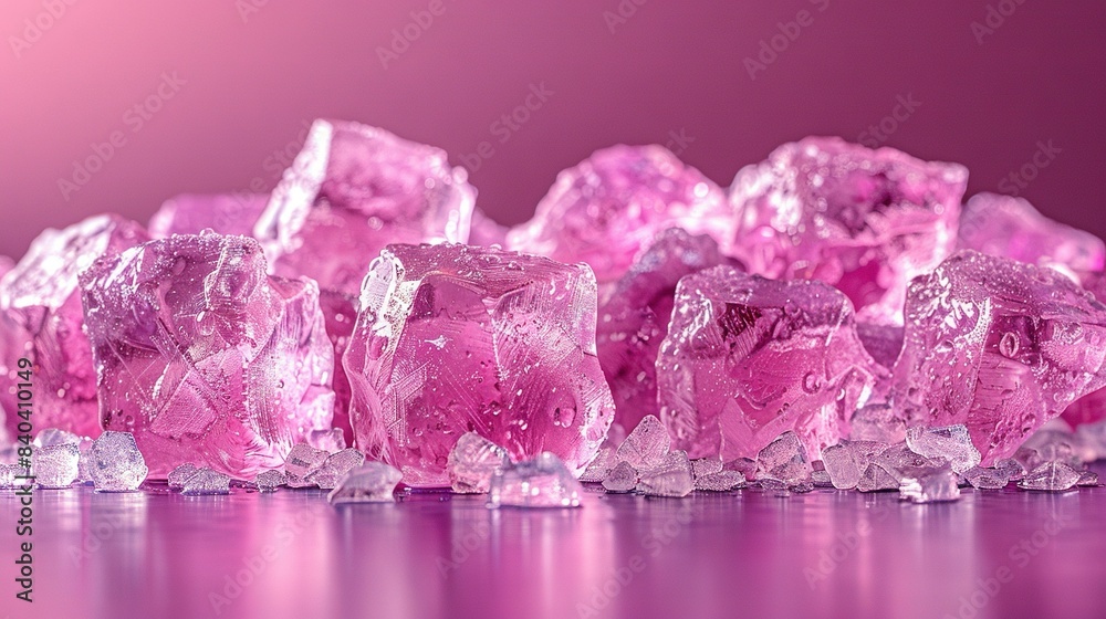 Pink ice cubes atop purple countertop against pink backdrop Pink ice cubes atop purple countertop against pink backdrop