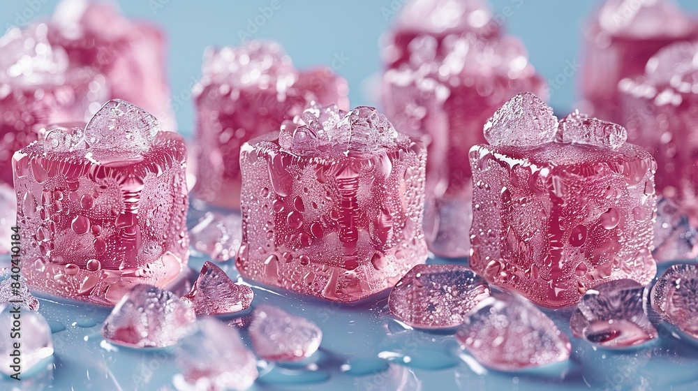 A collection of pink ice cubes resting on a blue table alongside an array of ice cubes A collection of pink ice cubes resting on a blue table alongside an array of ice cubes