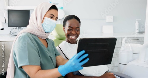 Happy woman  dentist and tablet with patient for dental care  results or tooth whitening at clinic. Young female person or orthodontist showing customer before and after teeth treatment on technology