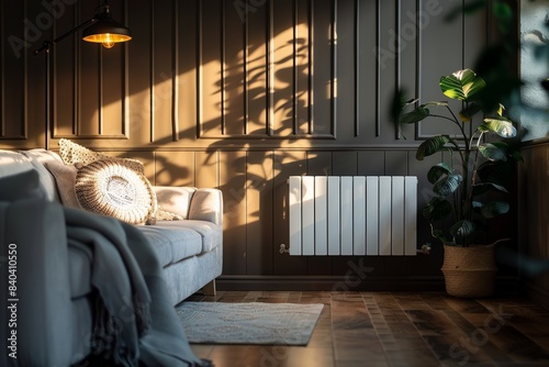 Modern White Radiator in a Cozy Living Room with Wooden Interior Design