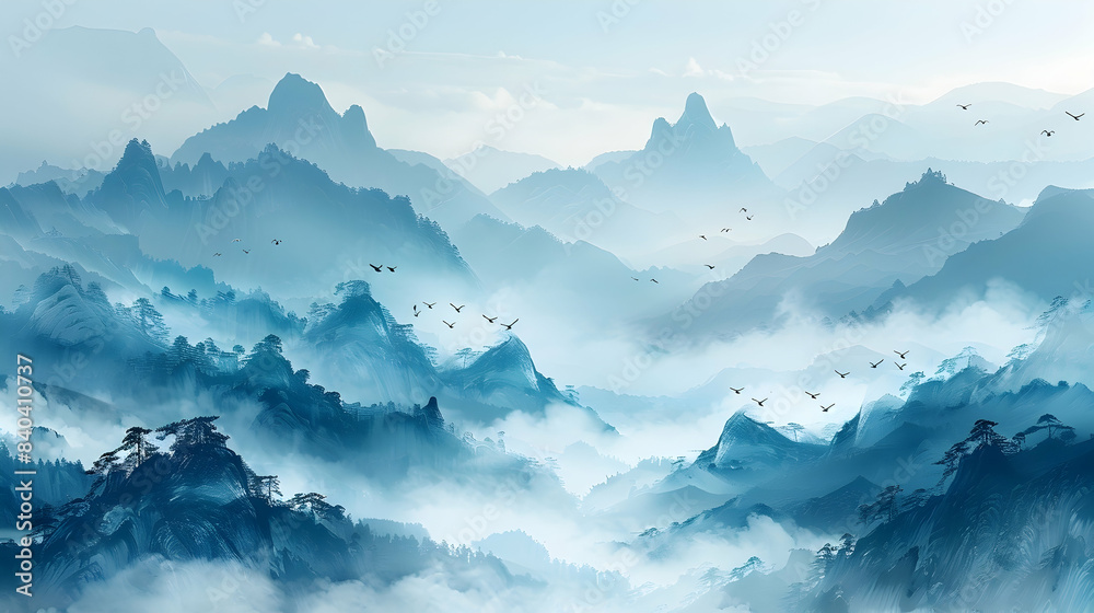 A serene nature mountain scene with a variety of bird species flying above the peaks