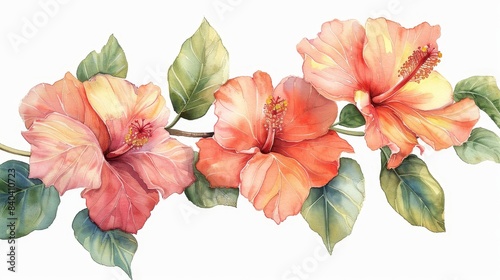 watercolor Delicate hibiscus flowers in watercolor. Soft pink petals and green leaves.